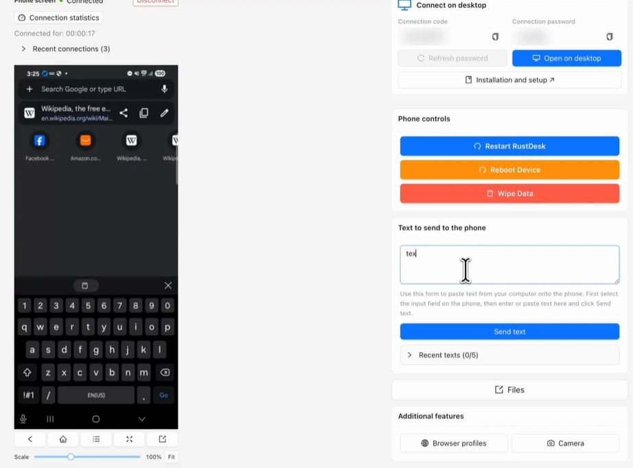 Controlling a cloud phone in a browser