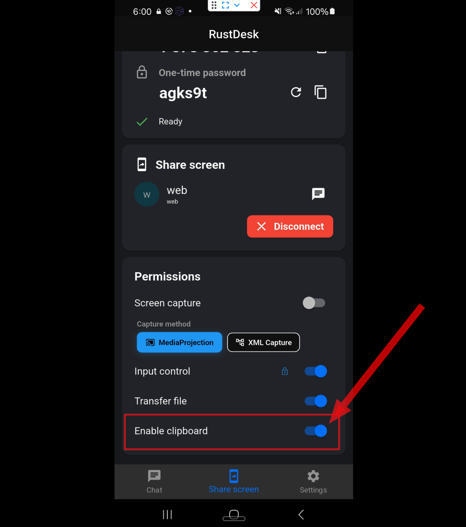 RustDesk izinlerindeki Enable Clipboard anahtarı