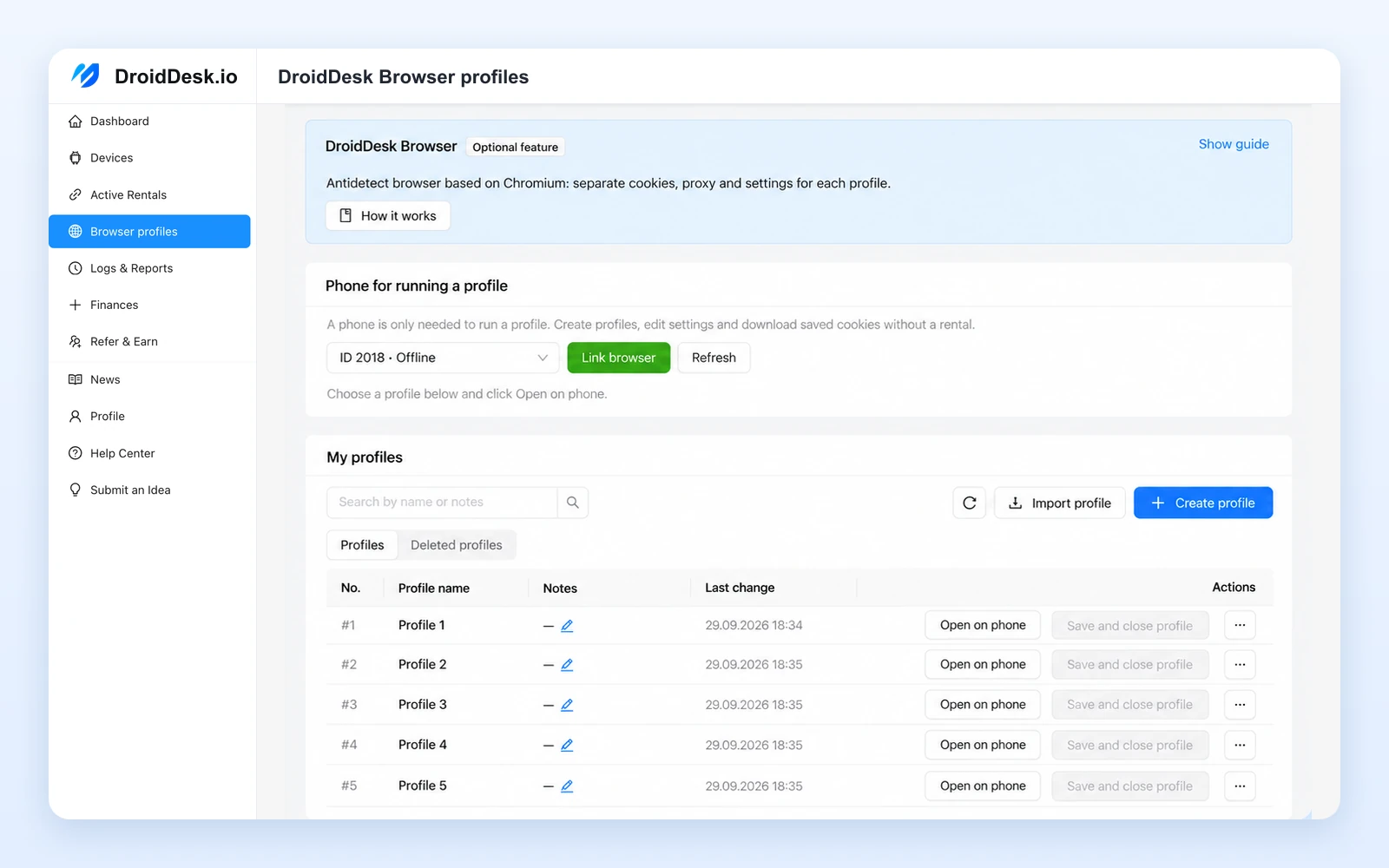 DroidDesk Browser profiles list with Open on phone actions