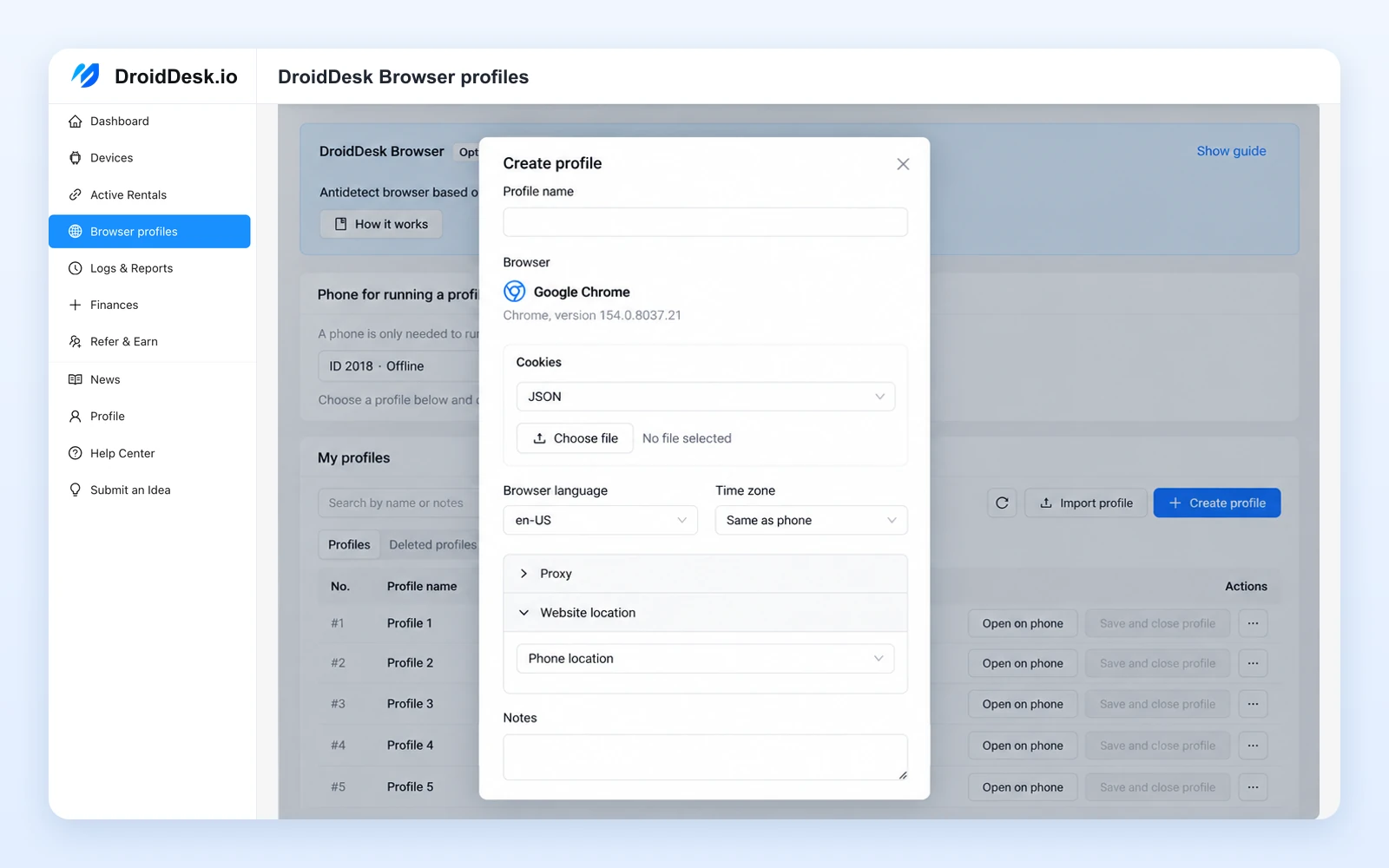 Create profile dialog: cookies import, browser language, time zone, proxy and website location