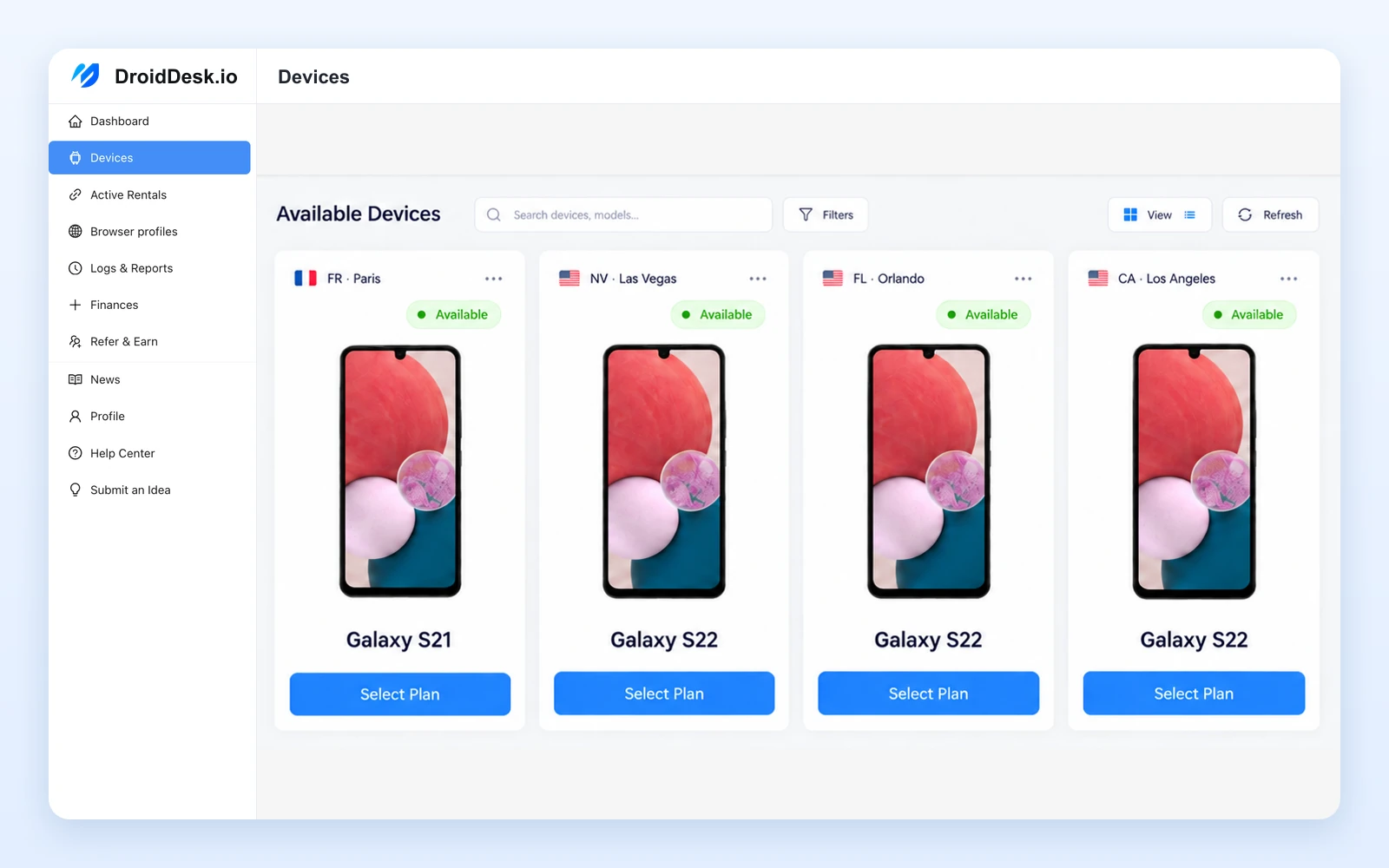 DroidDesk dashboard: catalog of available Samsung Galaxy phones in Paris, Las Vegas, Orlando and Los Angeles