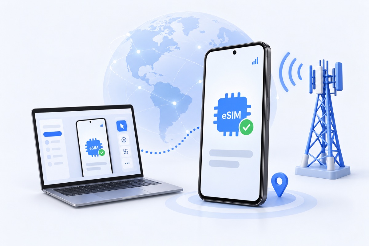 Laptop remotely controlling an Android phone with an eSIM, connected to a local cellular network in another country.